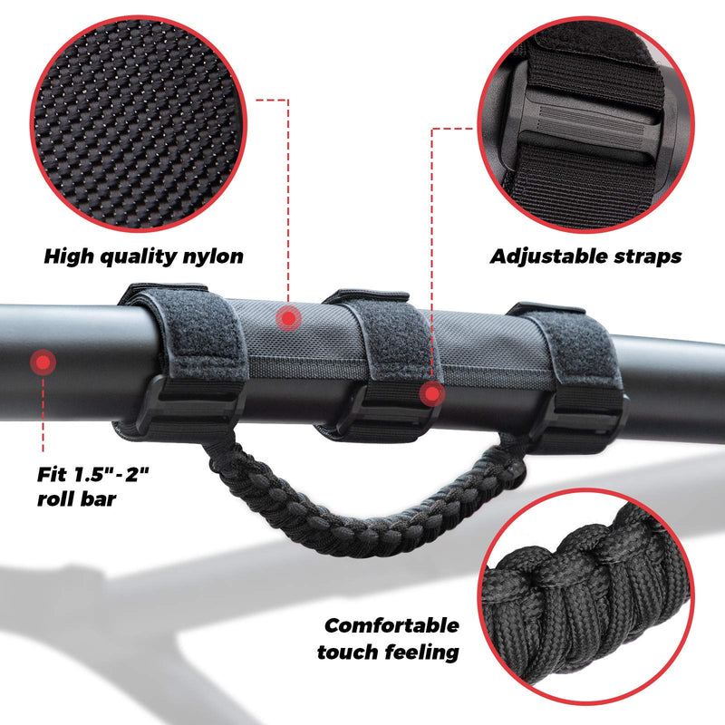 KEMIMOTO Roll Bar Grab Handles for UTV, ATV & SXS - Black Breathable Paracord Enhanced Hand Grips, 2Pack, Fits 1.5" to 2" Roll Bars, Compatible with Polaris RZR, Can-Am X3, Honda Talon, Kawasaki Teryx