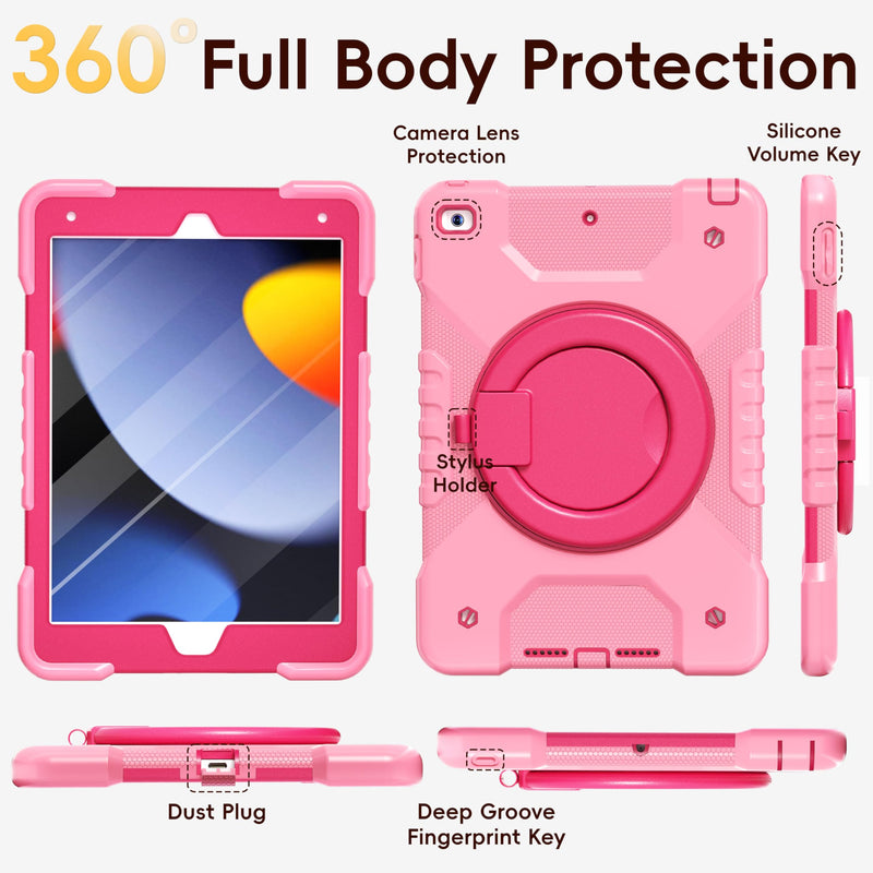 Case for iPad 9th/8th/7th Generation 10.2 inch, Shockproof Cover with Screen Protector/360° Rotate Stand/Pencil Holder/Shoulder Strap, Kids Case for iPad 2021/2020/2019 (Pink+Rose Red) Pink+Rose Red Case for iPad 9th/8th/7th Generation