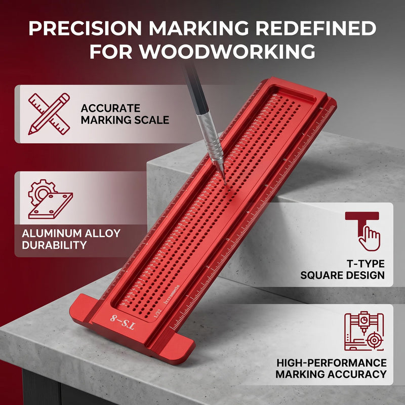 TS-8 Precision Marking T-Rule Aluminum Alloy Hole Positioning Scribing Gauge Woodworking Ruler Marking Gauge Measuring Tool(Red)