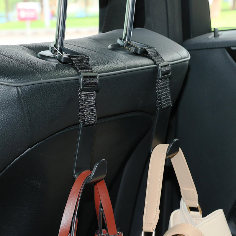 Amooca Headrest Hooks for Car Adjustable 4 Pack Vehicle Seat Back Organizer Storage Hanger Holder for Purse Bags Universal Fit with Clip Black