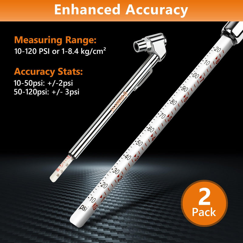 Presta Bike Tire Air Pressure Gauge Pencil 10-120 Psi for Schrader or Presta Valves Car Bicycle Or Motorcycle - 2 Pack