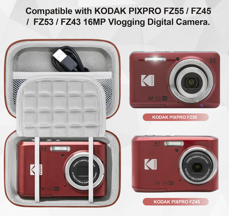 Lacdo Camera Carrying Case for KODAK PIXPRO FZ55 / FZ45 / FZ53 / FZ43 16MP Vlogging Digital Camera, Hard EVA Protective Camera Storage Trave Bag, Mesh Pocket Fit Batteries, USB Cable, SD Card, Red