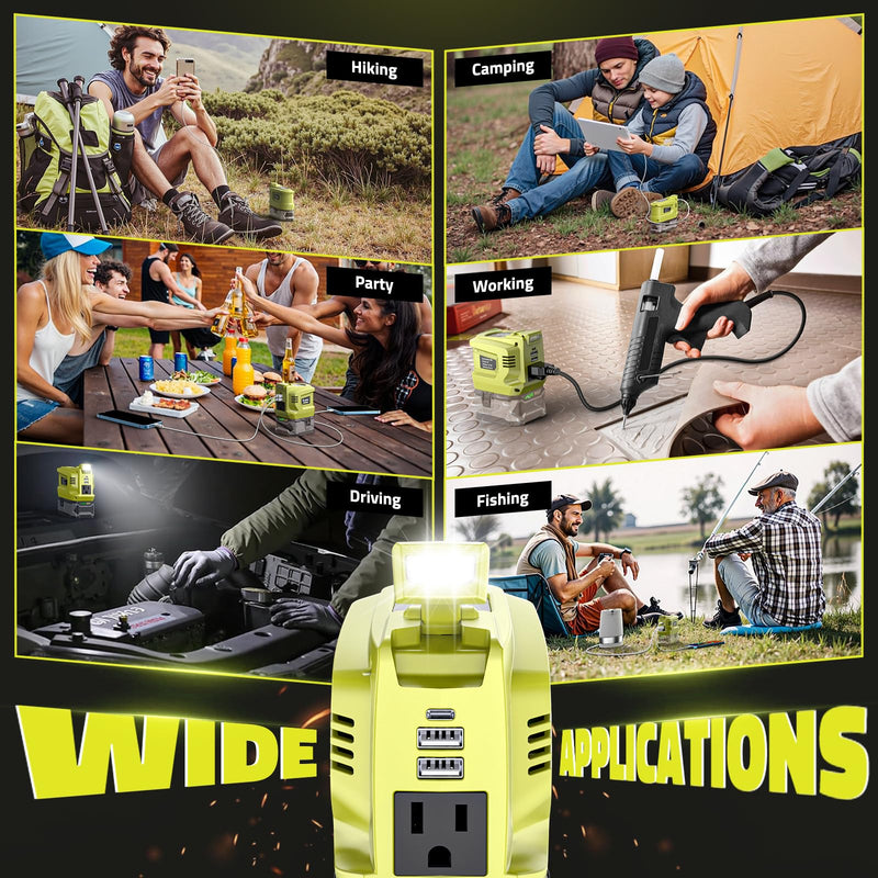 200W Portable Power Inverter Compatible with Ryobi 18V,Ecarke Real 200W Outdoor Generato Battery Converter with 2 USB&LED&AC Battery Powered Outlet,Convert DC 18V to AC 110V Portable Power Station Compatible with Ryobi 18V(no battery)
