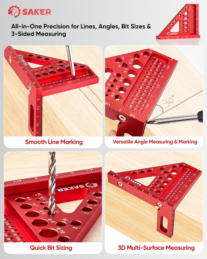 Saker 3D Multi-Angle Measuring Square Ruler, Aluminum Alloy Carpenter Square, 0-90° Precision Hole Scribing Ruler with Angle Pin for Woodworking, Engineering, and Construction Projects 4.4inch