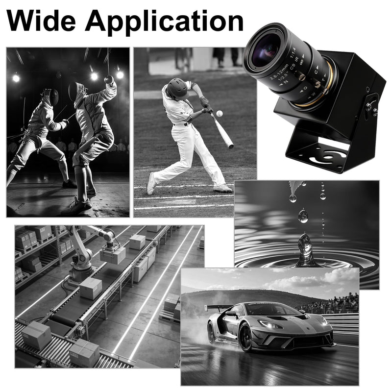 640fps USB Camera Ultra High Speed Monochrome Global Shutter, 120fps/210fps/420fps Webcam,2.8-12mm 4X Manual Zoom Lens, Plug&Play for Raspberry Pi Laptop Industrial Motion Capture Golf Swing 2.8-12mm 4X Manual Zoom Lens