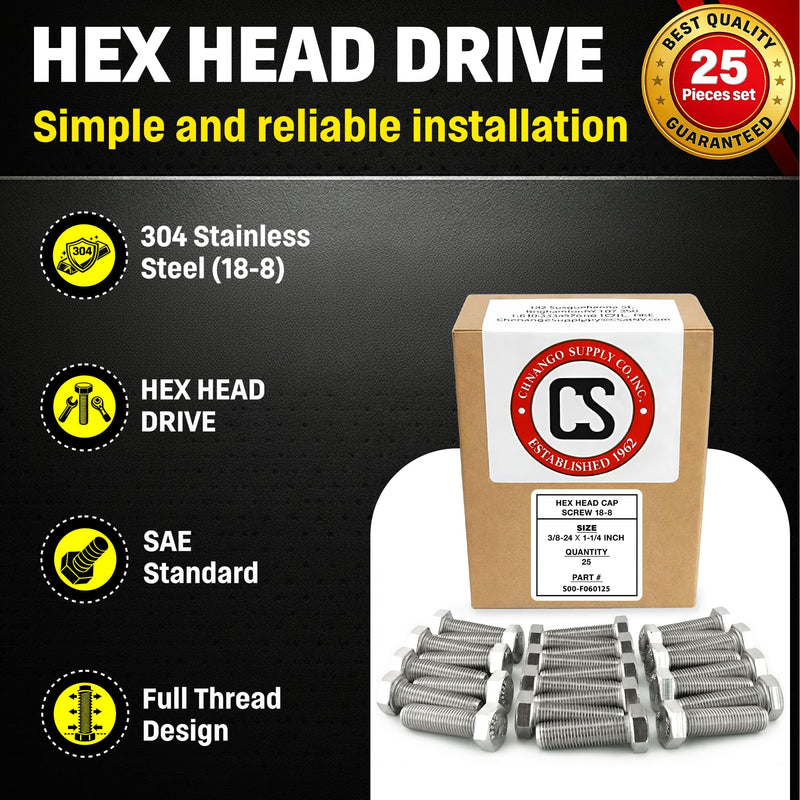 Stainless 3/8-24 x 1-1/4" Hex Head Bolts (3/4" to 5" Length in Listing), 304 Stainless Steel, SAE Fine Thread, 25 Pieces (3/8-24 x 1-1/4") 3/8-24 x 1-1/4"