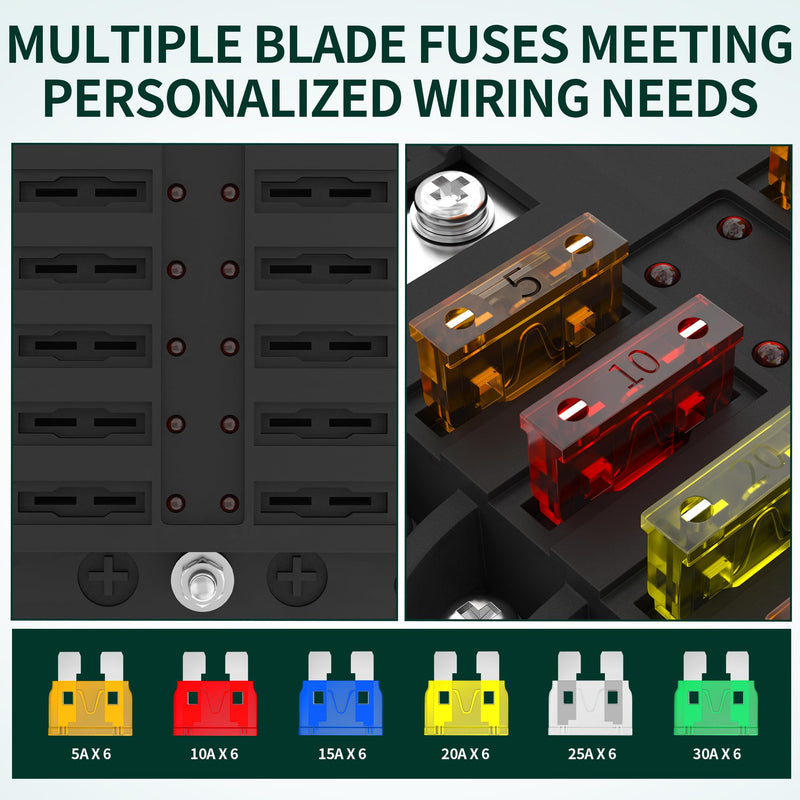 DaierTek 12 Way Fuse Block, 12 Volt Blade Fuse Block with LED Indicator 12 Circuit Fuse Box 12V ATO/ATC Marine Fuse Panel 24V with Waterproof Cover Fuse Terminals for Automotive Boat Car RV