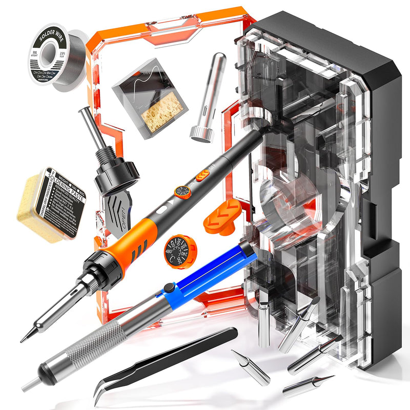 Soldering Iron Premium Kit, 60W Soldering Gun with Ceramic Heater, 12-in-1 Soldering Tool, Adjustable Temperature 200 to 450°C, Includes Soldering Iron Tip, Solder Wire, Pump and Paste ‎orange
