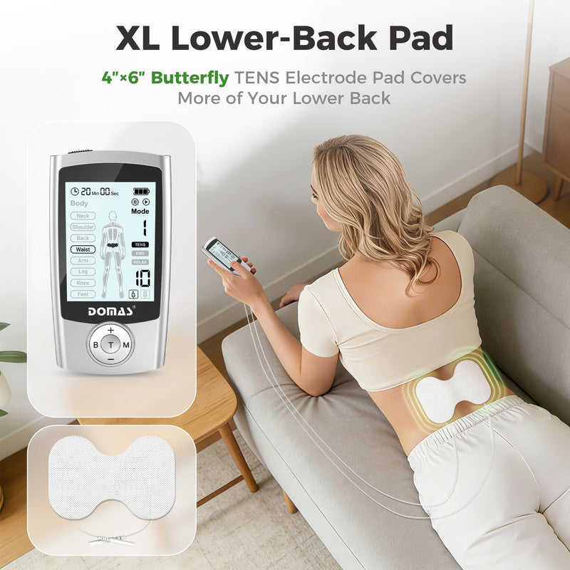 DOMAS TENS Unit with 4"x6" Butterfly Pad for Lower Back Pain Relief, 8 Guided Body Programs, USB-C Rechargeable, Dual Channel Silver