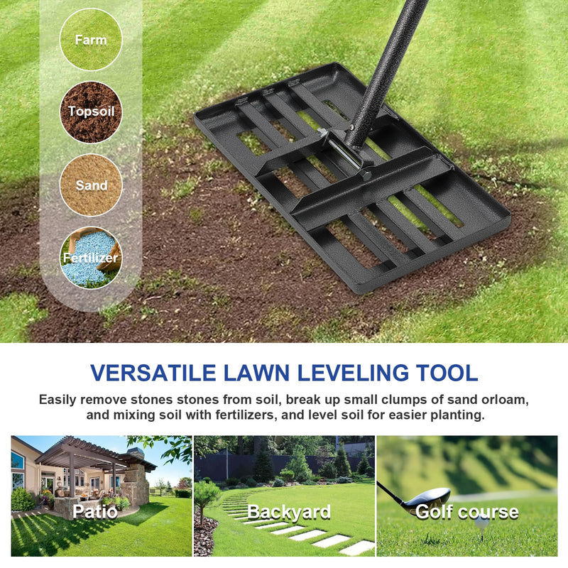 Lawn Leveling Rake,Stainless Steel Lawn Leveler with 18”x10” Ground Plate, 72” Adjustable Long Handle, Level Lawn Tool for Grass, Golf Field, Level Soil or Dirt Ground Surfaces 6 FT