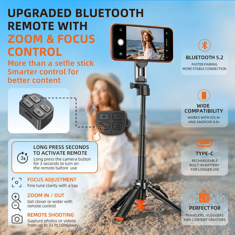 Upgrade 19" Mini Magnetic Selfie Stick Tripod for iPhone MagSafe & Android, Auto-Open Pocket Size Phone Tripod with Remote, 360° Rotatable Portable Selfie Stick for Video Recording & Travel