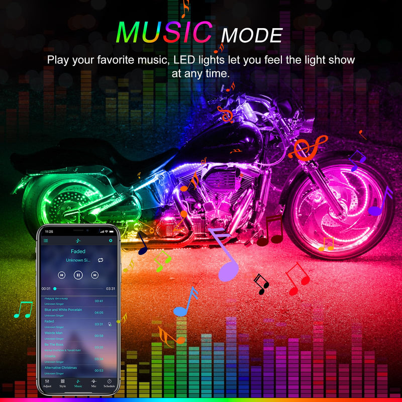 Motorcycle LED Underglow Kit, ICICAR 12 Pcs APP Control RGB 16 Million Color Dual Remote Music Mode IP68 Waterproof Led Lights, Motorcycle Lights with Power Switch