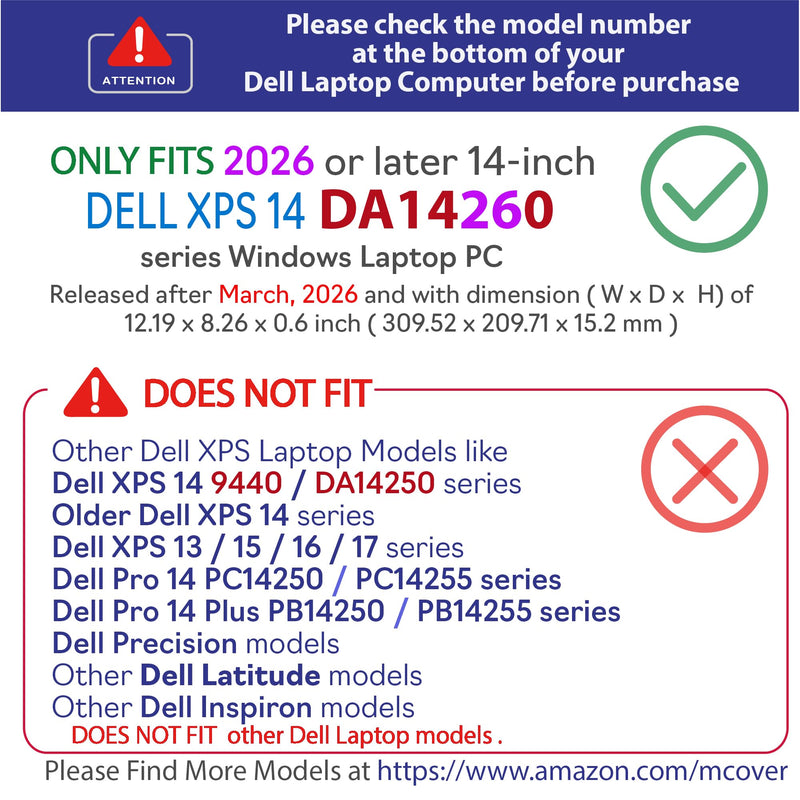 mCover Case ONLY Compatible with 2026 or Newer 14-inch Dell XPS 14 DA14260 Windows Laptop PC (Without 360 ° Hinge, NOT Fitting Any Other Dell Models)- Clear