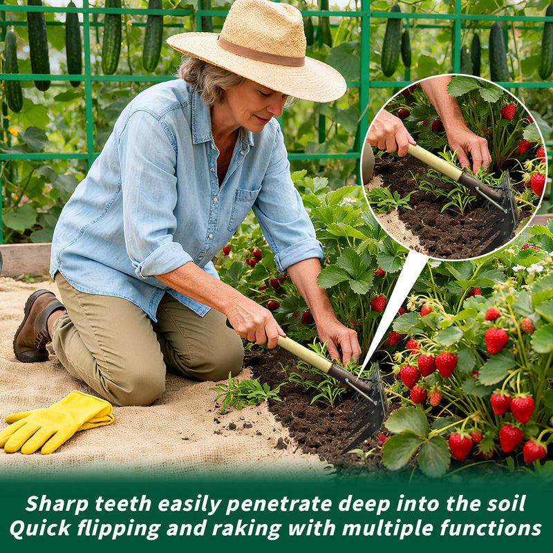 7 - pronged Heavy-Duty Garden Tiller Featuring a Wooden Handle,Iron Weed Puller Tool,New Spray-Painted Iron Manual Weed rake, Gardinia uprooting Tool,Suitable for Lawn and Garden