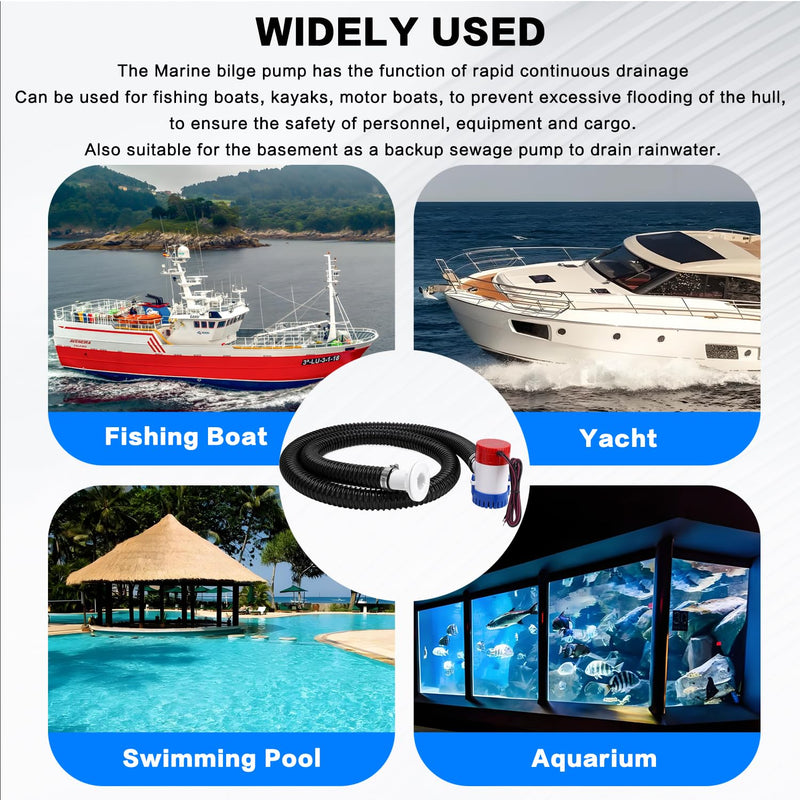 1100GPH 12V Boat Bilge Water Pump, 1-1/8" 6FT Kink-Resistant Bilge Pump Hose, ABS Thru-Hull Fitting, 2PCS Stainless Steel Clamps for Boat Marine Bilge Pump Kit