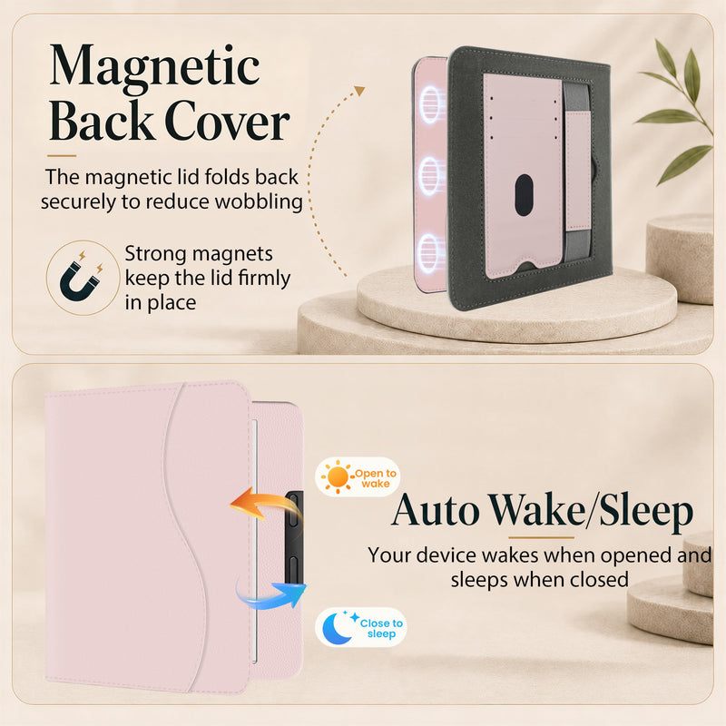 Case for 7" Kobo Libra Colour 2 with Stand and Hand Strap (Pink) | Back‑Attach Magnetic Cover, Auto Wake/Sleep, Front Pocket, Card Slots, PU Leather, for Table Reading, Relive Wrist Strain Pink