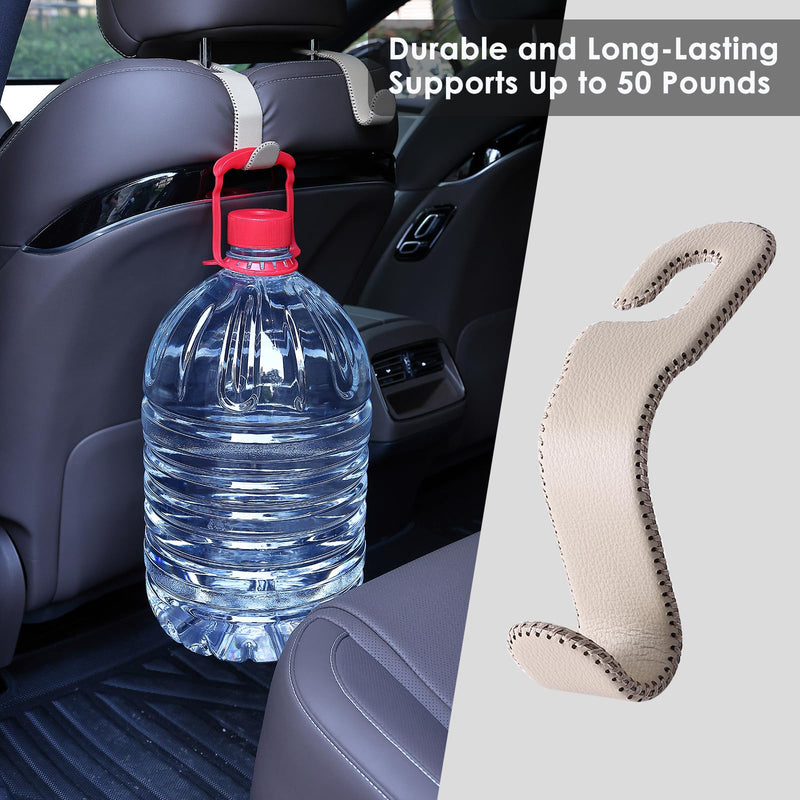 Leather Car Hooks for Headrest - Fully Leather-Wrapped U-Shaped Purse Holder for Car, Flexible Seat Back Organizer & Durable Car Accessories for Purses, Bags, Coats & More (Beige, 2 Pack) Beige