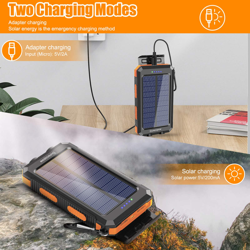 Solar Charger, 20000mAh Portable Outdoor Waterproof Solar Power Bank, Camping External Backup Battery Pack Dual 5V USB Ports Output, 2 Led Light Flashlight with Compass (Orange) Orange