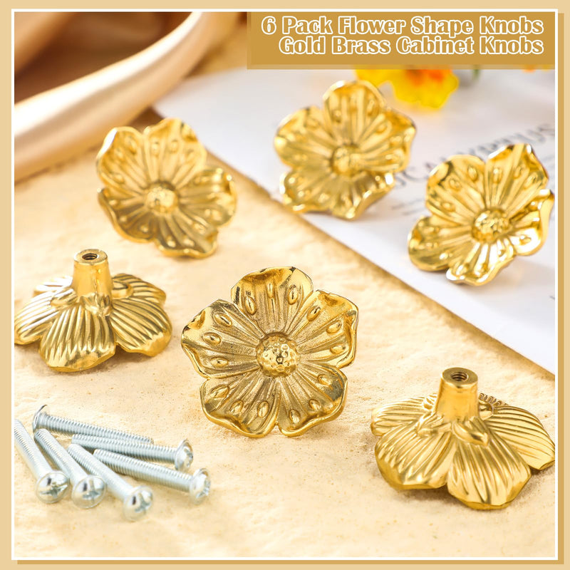 MorningRo 6 Pack Brushed Gold Flower Cabinet Knobs Kitchen Gold Drawer Pulls Bathroom Zinc Petal Handles for Dresser Drawer Decoration Knob of Cupboard Furniture Hardware