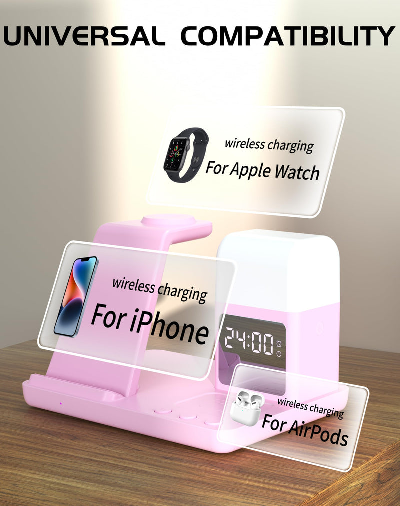 Wireless Charger for iPhone, 6in1 Fast Phone Charger Stand Dock Alarm Clock Night Light, Wireless Charging Station for Apple Watch, for Airpods 3/2/Pro, for iPhone 17/1615/14/13/12/11/Pro/Max (Pink) Pink