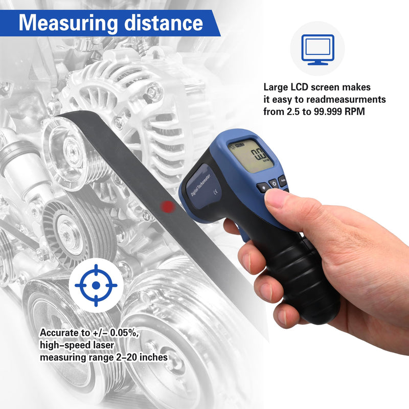 Handheld Digital Laser Tachometer - Non-Contact RPM Meter, Measures 2.5-99,999 RPM, High Precision with LCD Display, Reflective Tape Included, Ideal for Motor Speed and Industrial Use