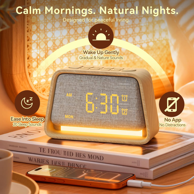 Vivilumens Wooden Alarm Clock White Noise Sound Machine for Sleep 10 Soothing Sounds 10 Natural Sounds for Adults Sleeping Digital Dimmable Night Light Gentle Clock for Bedroom Dual Alarm Ideal Gift