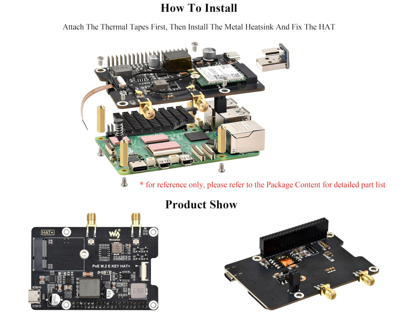 Pi5 PCIe to M.2 E Key Adapter with PoE Function Compatible with Raspberry Pi 5, Support 2230 Size NGFF (M.2 E Key) Wireless NIC-AX210/AX200/BE200/RTL8822CE and Gen2 and Gen3 Modes, HAT+ Standard