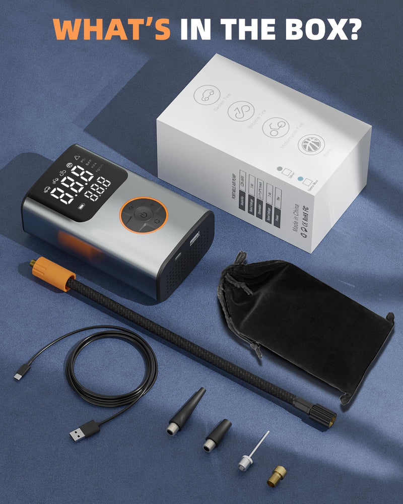 Tire Inflator Portable Air Compressor, Bike Pump, 150PSI Air Pump for Car Tires with LCD Dual Screen and Digital Tire Pressure Gauge, Air Compressor for Bicycle, Motorcycle, Compact Car, Ball Silver