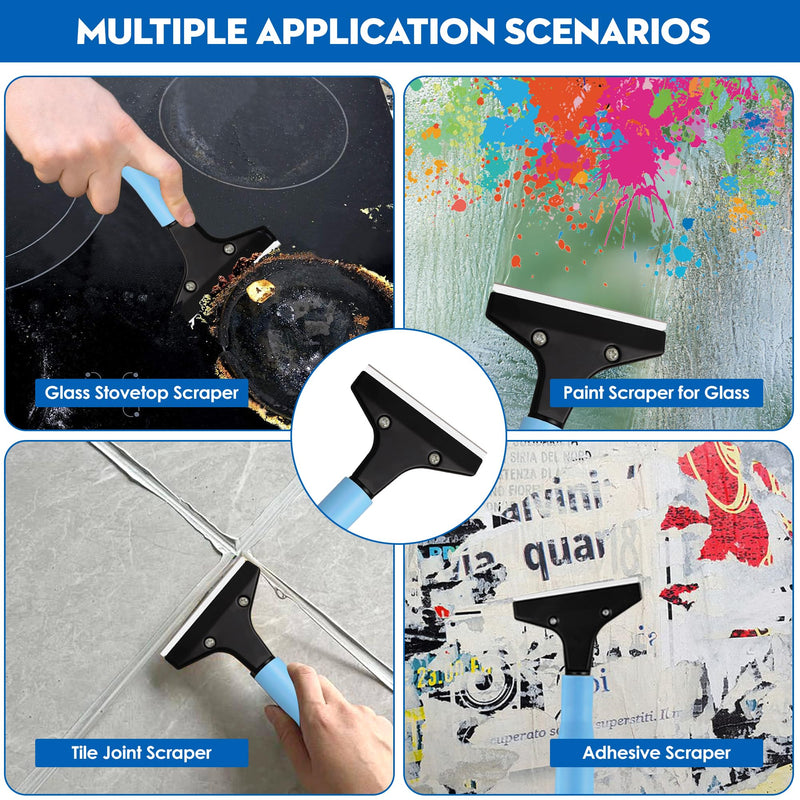 Silver Floor Scraper with 10 Replacement Blades - 4" Razor Blade, Stainless Steel Adjustable Long Handle (37" to 51"), Heavy-Duty Scraper Tool for Cleaning Stove Tops, Glass, Tiles, Walls & Labels