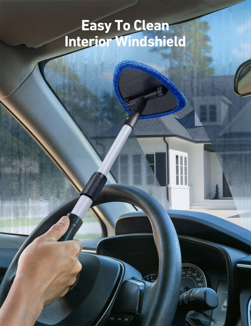 AstroAI Windshield Cleaning Tool, Car Window Cleaner Windshield Cleaner with 8 Reusable and Washable Microfiber Pads and Extendable Handle Auto Inside Glass Wiper Kit, Blue, 2 Pack