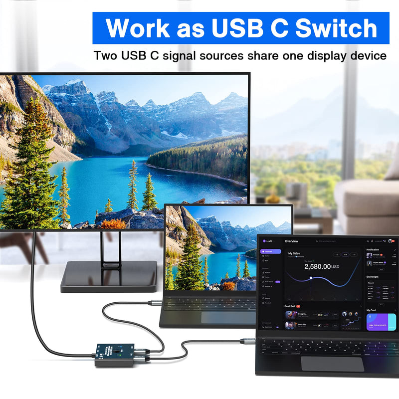 USB C Switch 2 in 1 Out USB C Switcher Selector for 2 Laptops Share 1 USB Device, 4K@60Hz/10Gbps Data Transfer and 100W PD Charging, Wired Control and 2 UBS C Cables USB C Switch 2 in 1 out