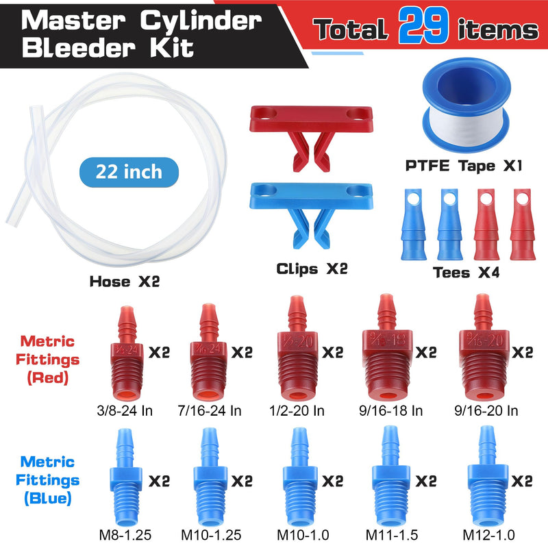 Enhon Master Cylinder Bleeder Kit Replacement for 14151, 22 inch Hose, Clip, SAE and Metric Fittings Universal Fit, Complete Brake Bleeder Kit with PTFE Tape