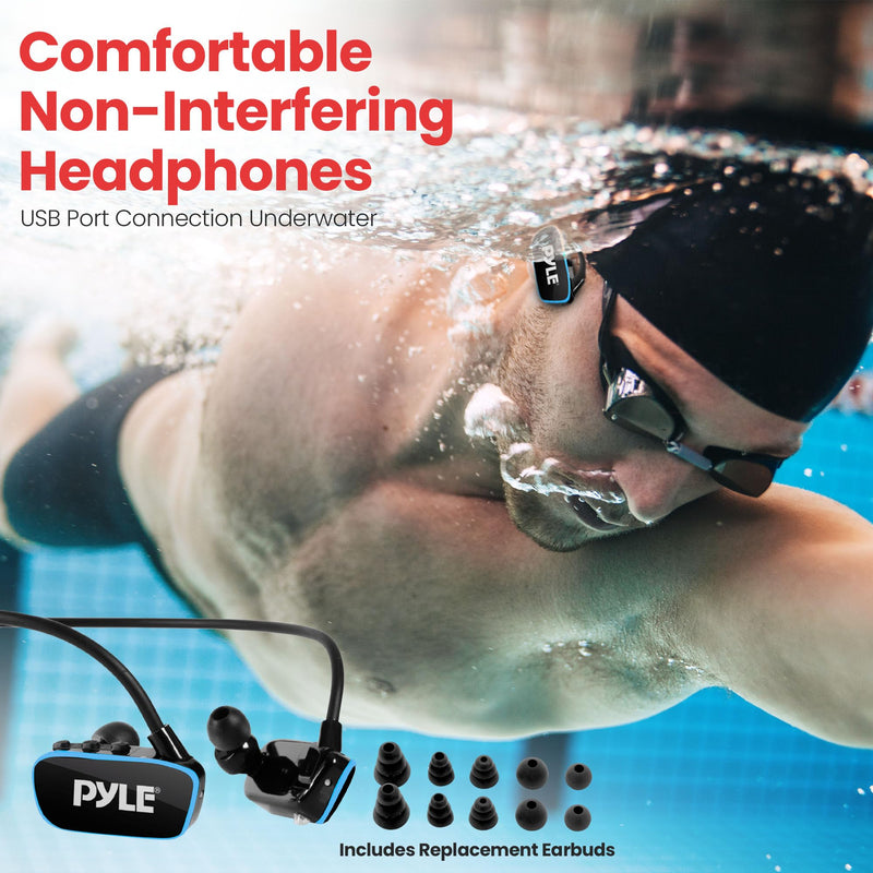 Pyle Flextreme Waterproof Sports Wearable MP3 Headset Music Player 8GB Underwater Swimming Jogging Walking Gym Earphones Earbuds Rechargeable Comfortable Flexible Headphones USB Connection (PSWP14BK)