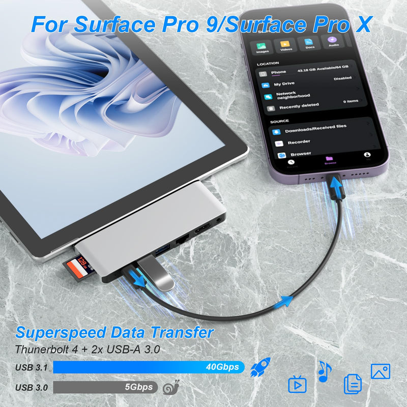 Surface Pro 11/10/9 Hub, Microsoft Surface Pro 9 USB C Hub with 4K HDMI, USB-C Thunderbolt 4(8K@30Hz Video+40Gbps Data+100W PD), RJ45, 2*USB 3.0, Audio, SD/TF Card Slot, for Surface Pro 11/10/9