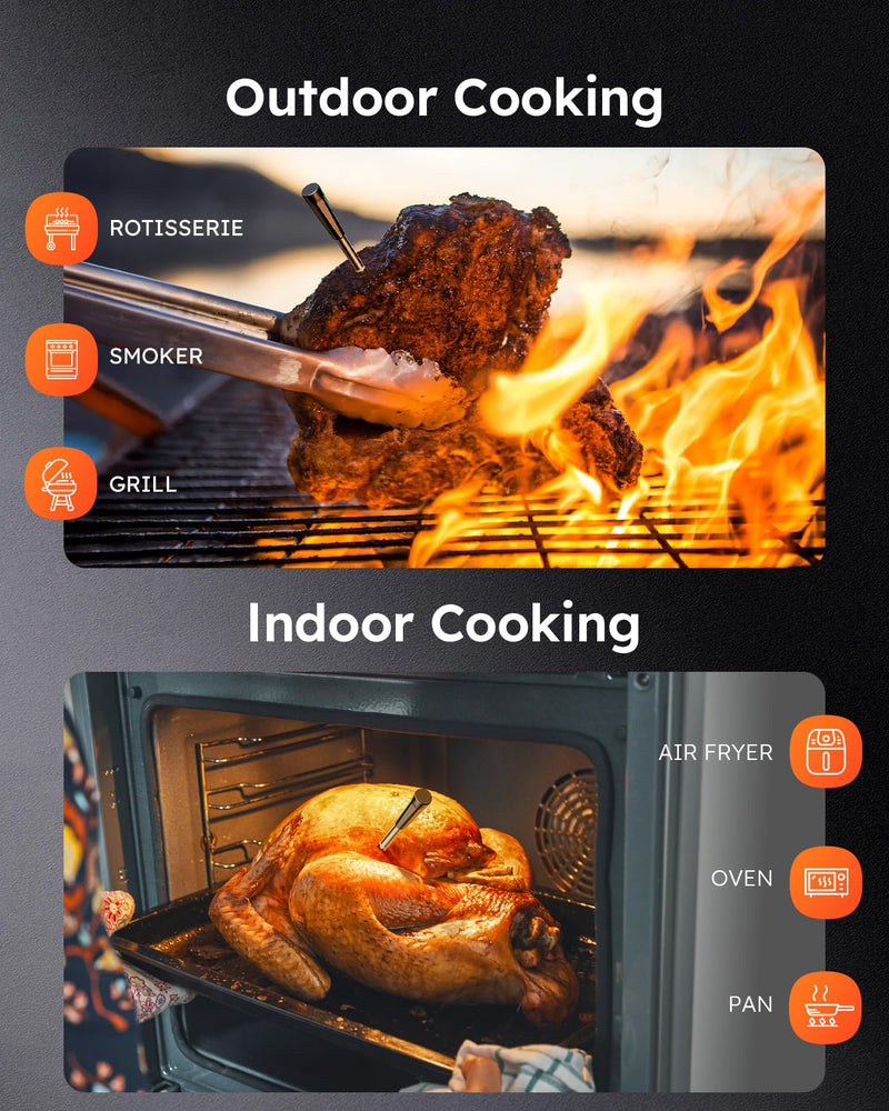 Smart Wireless Meat Thermometer with Ultra-Thin Probe, Digital Food Thermometer 0.5S Instant Read, 600FT Bluetooth Range Real-Time Monitoring & Smart Alerts for BBQ, Grill, Smoker, Oven, Air Fryer 1 Probe