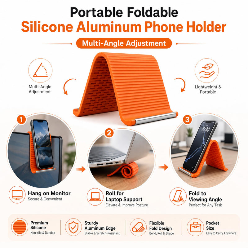 2PCS Flexible Silicone Phone Holder, Foldable Aluminum Phone Stand | Bendable Core Foldable Rollable Phone Holder - Flexible iPhone Stand for Long Travel Accessories - Plane Essentials (Orange) Orange