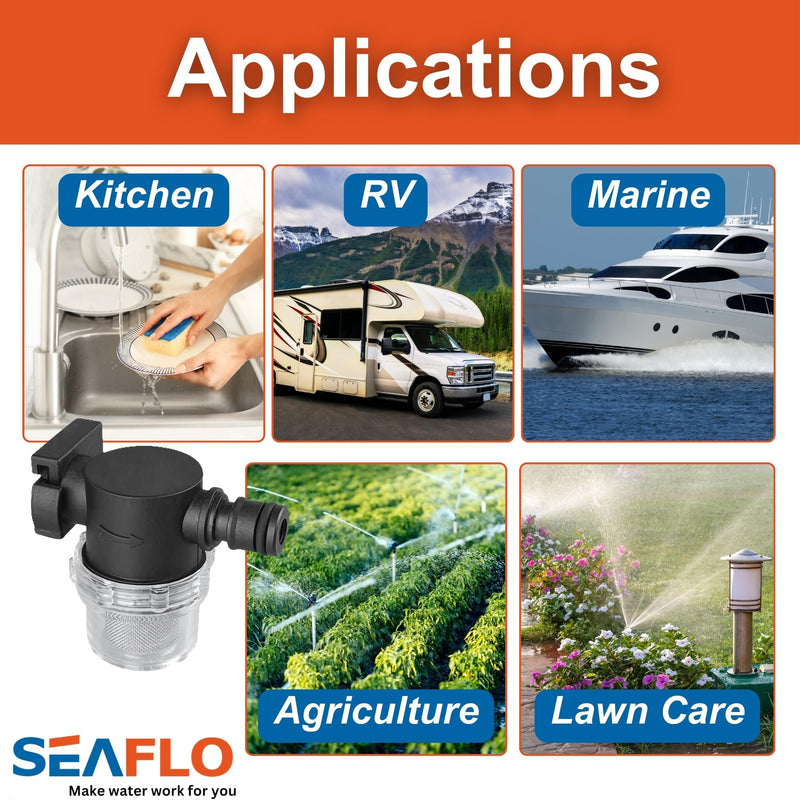 SEAFLO Inline Water Pump Filter 35S01-5/8" Female Quick Attach & 5/8" Hose Barb, 50 MeshSteel Strainer with Plastic Shell, Fits SEAFLO 35 Series Pumps, RV, Marine, Agriculture, Lawn Care (5-Pack)