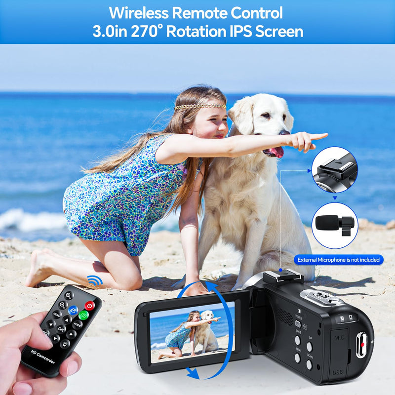 4K Video Camera Camcorder 42MP Vlogging Camera for YouTube with 3” 270° Rotation Screen, 18X Digital Zoom Cam Corder, 2 Rechargeable Batteries, 32GB SD Card & Remote Control Black