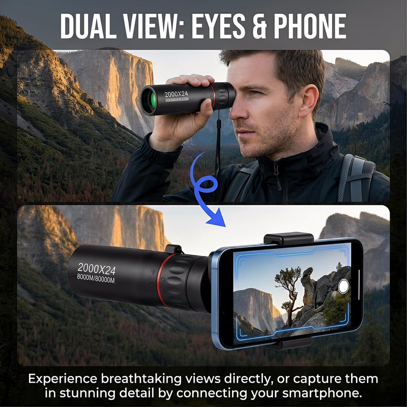 Mini Monocular Telescope – 2000x24 HD High Power for All Ages | Compact optics, for stargazing, hunting, hiking, wildlife & travel, good gift for outdoor enthusiasts, black