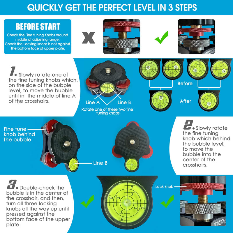 【UPGRADED】 Tripod Leveling Base : Bigger bubble level w/crosshair, Fine leveling faster; Enlarged lock knobs, Lock easier, Perfect for a Smart telescope or Panos; Max load 33 Ib