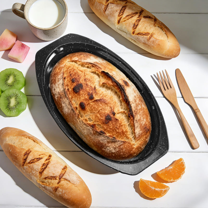 13" Roasting Pans for Ovens Porcelain Enameled Steel Oval Roaster Pan with Domed Lid for Small Turkey, Chicken, Vegetable, Lamb, Sourdough Bread Black-13 Inch