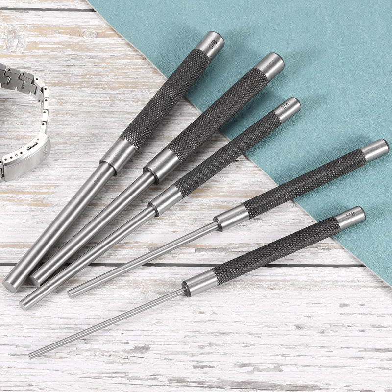 HARFINGTON 5pcs Drive Pin Punch Set 1/8" 3/16" 1/4" 5/16" 3/8" Non-marring Drive Pin Punch Cylindrical Alignment Punches with Knurled Grip for Watch Repair Jewelry and Craft