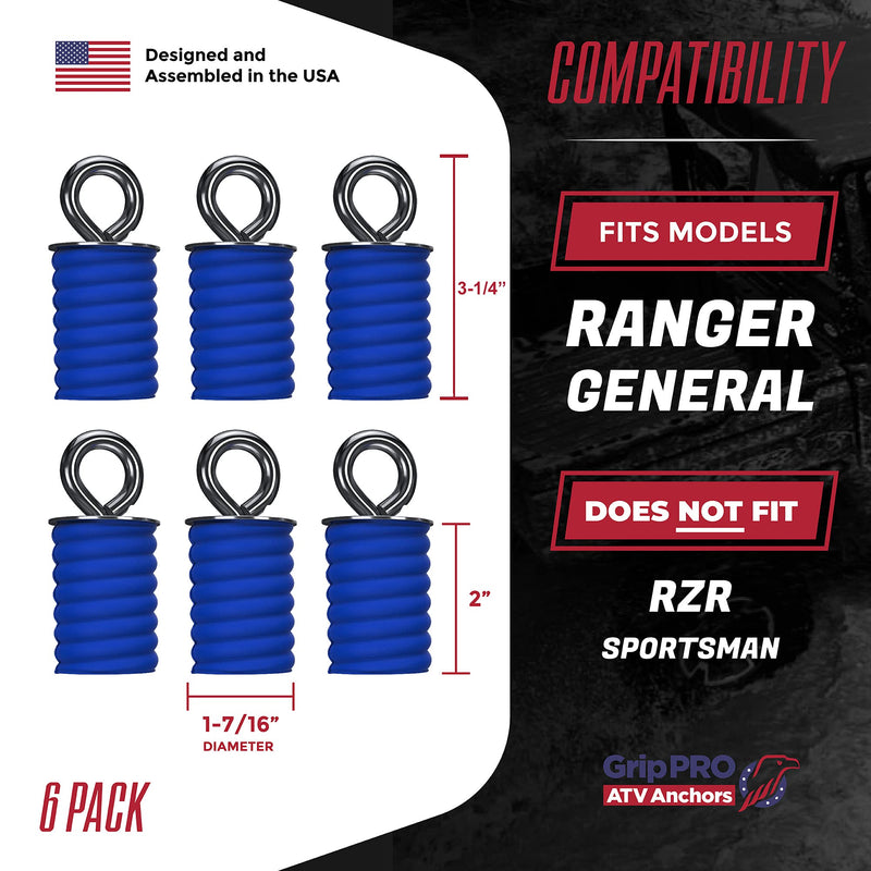 GripPRO ATV Anchors Fits Polaris Ranger Lock & Ride Tie Down System - Set of 6 Eyebolt-Style Bed Anchors for Cargo, Toolbox & Gear - ATV Accessories for Ranger 1000 XP, 570, Crew, General - NOT RZR