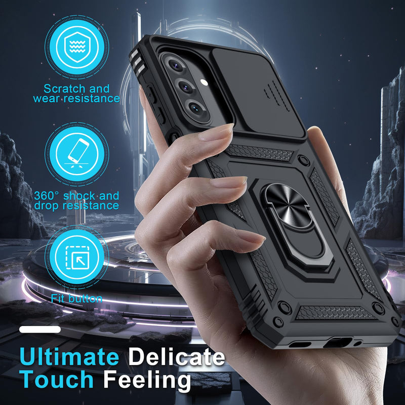 Janmitta for Samsung Galaxy A27 Case Built in Slide Camera Cover,Black | with Tempered Glass Screen Protector+Finger Ring Holder Kickstand,Heavy Duty Shockproof Full Body Phone Cover Black