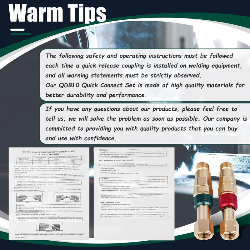 Upgraded QDB10 Torch to Hose Quick Connect Set, With Check Valves. Brass construction color coded for safety (oxy/green, fuel/red).