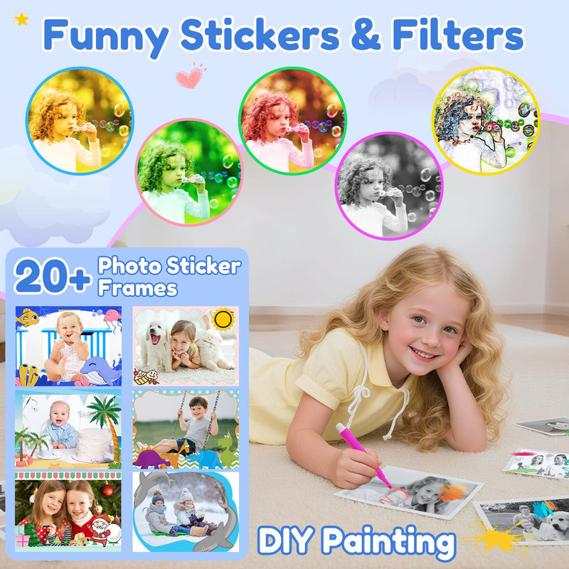 Kids Camera Instant Print, 2.4 Inch Screen Kids Instant Cameras, 1080P Video Recording, Christmas Birthday for Girls Age 3-12, with 3 Rolls Print Paper & 32GB Card, Blue