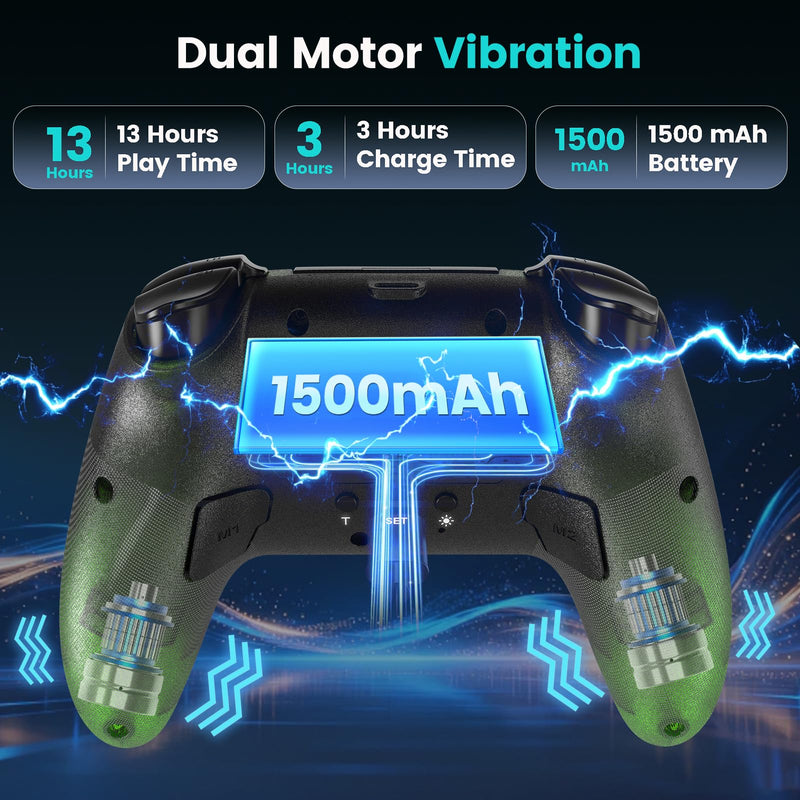 linhugame Transparent Wireless Controller for PS5/Pro/Slim/PC(Electric green),Full surround RGB, Hall-Effect Joysticks and Trigger, Macro, 1500mAh, Speaker and Mic