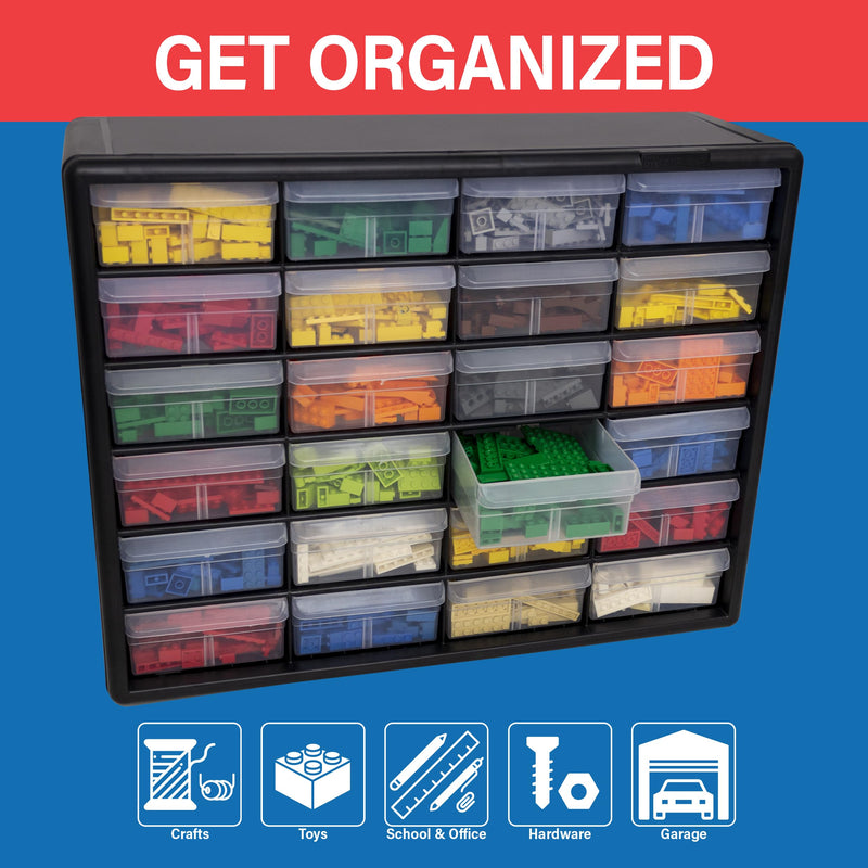 Akro-Mils 24-Drawer Plastic Drawer Storage Cabinet for Garage Organization, Bead Organizer, Building Bricks Storage, Teacher Toolbox, Makeup Organizer, 20" W x 6" D x 16" H, 10124 Black 24 Drawer 1 Pack