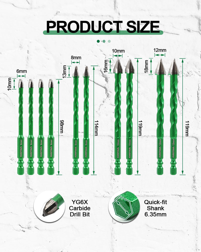 Masonry Drill Bit Set, 10pcs 1/4”-1/2” Carbide Eccentric Drill Bit Quick Change Shank for Ceramic Tile Wood Plastic Masonry Concrete Glass 6mm*4/8mm*2/10mm*2/12mm*2 10