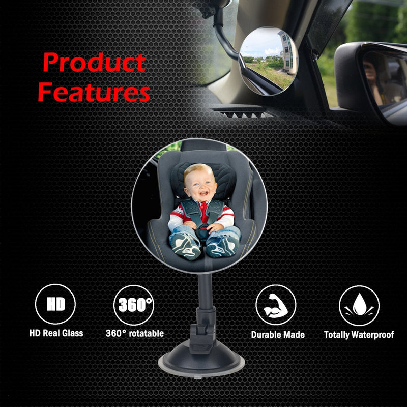 Suction Cup Car Baby Mirror, Ampper Adjustabe Long Arm HD Glass Convex Wide Angle Interior Rearview Baby Rear Facing Mirror (Frameless Round, 3.35") Suction Cup Round